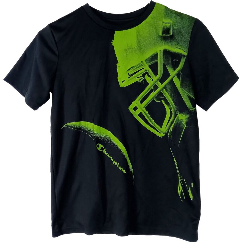 Champion Boys Large Football Graphic Tee Short Sleeve Black Green Athletic Shirt